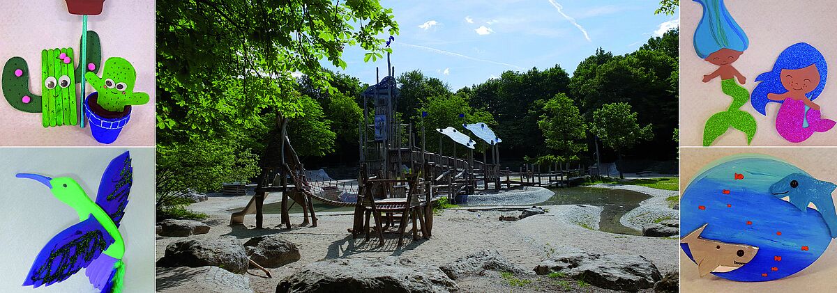Der Feierwerk Dschungelpalast kreiert am Wasserspielplatz im Westpark werden sommerliche Basteleien