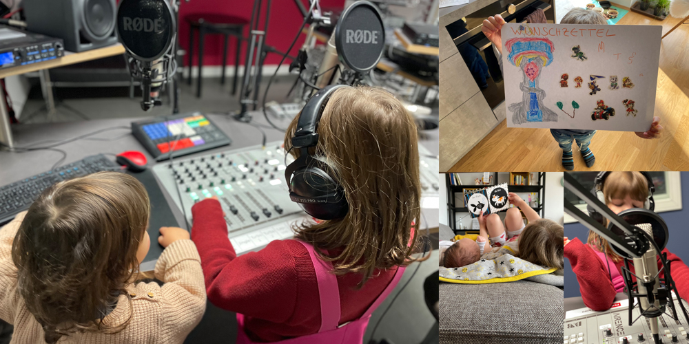 Feierwerk Radio - Zirkusparty am Samstag in der Früh: Kinder im Radio (links), gemalter Kinder Wunschzettel (rechts oben), Kinder zusammen a Buch lesen (rechts unten innen), Kind am Mikrofon (rechts unten außen) 