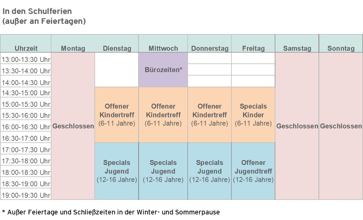Tatz Öffnungszeiten in den Ferien als Stundenplan