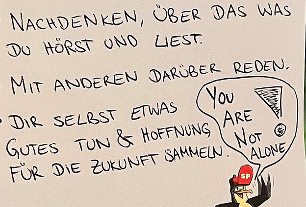 Foto Mut für Morgen Workshop in der Feierwerk Südpolstation. Zu sehen ist ein Blatt Papier auf dem zu lesen ist: Dir selbst etwas Gutes tun & Hoffnung für die Zukunft sammeln.